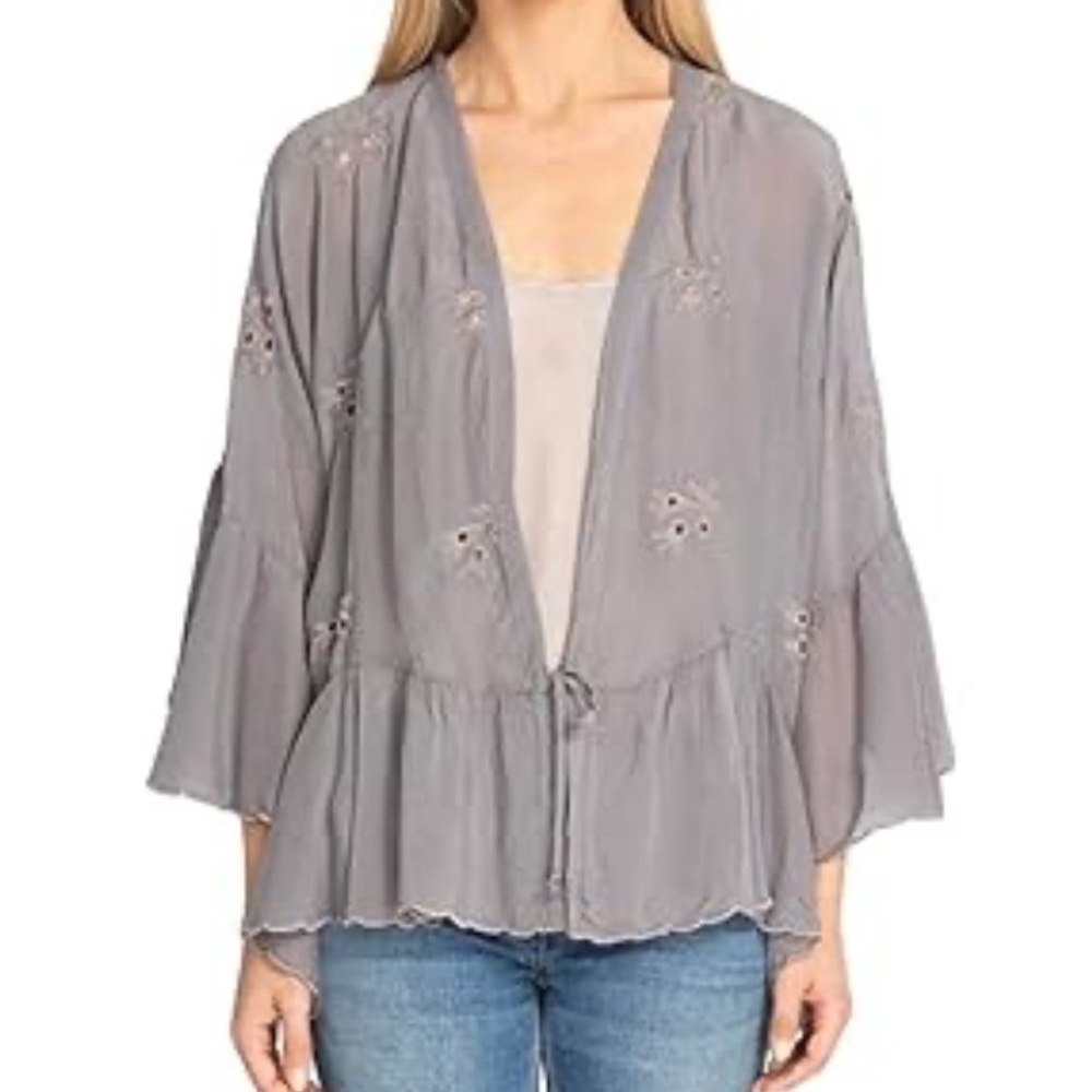 Johnny Was Lance Gray Ruffle Kimono Embroidered Wrap Blouse S